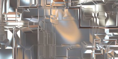Parlak saten kaplama yüzey teknolojisi 3 boyutlu desen. Lüks yansımalı metal panel dokusu. Arkaplan, duvar kağıdı, uzay gemisi gövdesi için cilalanmış geometrik metal yansıtıcı fütüristik malzeme.