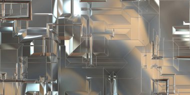 Parlak saten kaplama yüzey teknolojisi 3 boyutlu desen. Lüks yansımalı metal panel dokusu. Arkaplan, duvar kağıdı, uzay gemisi gövdesi için cilalanmış geometrik metal yansıtıcı fütüristik malzeme.