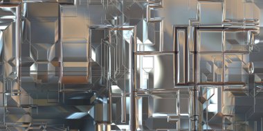 Parlak saten kaplama yüzey teknolojisi 3 boyutlu desen. Lüks yansımalı metal panel dokusu. Arkaplan, duvar kağıdı, uzay gemisi gövdesi için cilalanmış geometrik metal yansıtıcı fütüristik malzeme.