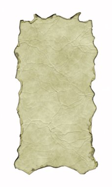 Beyaz arka planda yanmış ve kıvrılmış kenarları olan antik parşömen afişi. Üç boyutlu fantezi illüstrasyonu. Kırışıklıkları ve kıvrımları olan eski bir parşömen. Ortaçağ antik kalkanı. Menü şablonu.