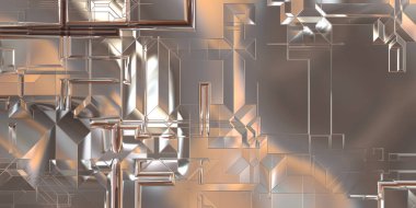 Parlak saten kaplama yüzey teknolojisi 3 boyutlu desen. Lüks yansımalı metal panel dokusu. Arkaplan, duvar kağıdı, uzay gemisi gövdesi için cilalanmış geometrik metal yansıtıcı fütüristik malzeme.