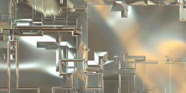 Parlak saten kaplama yüzey teknolojisi 3 boyutlu desen. Lüks yansımalı metal panel dokusu. Arkaplan, duvar kağıdı, uzay gemisi gövdesi için cilalanmış geometrik metal yansıtıcı fütüristik malzeme.