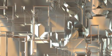 Parlak saten kaplama yüzey teknolojisi 3 boyutlu desen. Lüks yansımalı metal panel dokusu. Arkaplan, duvar kağıdı, uzay gemisi gövdesi için cilalanmış geometrik metal yansıtıcı fütüristik malzeme.