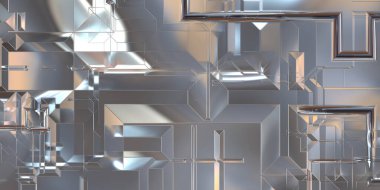 Parlak saten kaplama yüzey teknolojisi 3 boyutlu desen. Lüks yansımalı metal panel dokusu. Arkaplan, duvar kağıdı, uzay gemisi gövdesi için cilalanmış geometrik metal yansıtıcı fütüristik malzeme.
