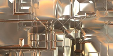 Parlak saten kaplama yüzey teknolojisi 3 boyutlu desen. Lüks yansımalı metal panel dokusu. Arkaplan, duvar kağıdı, uzay gemisi gövdesi için cilalanmış geometrik metal yansıtıcı fütüristik malzeme.