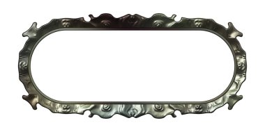 Üç boyutlu metalik illüstrasyon. Beyaz arka planda izole edilmiş fantezi çerçevesi. Davetiyeler, posterler, menü, hatıra defteri ve sunum için mükemmel. Metnin için şablon.