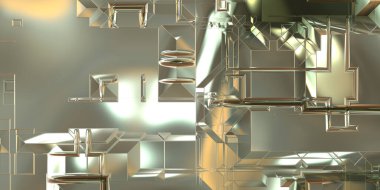 Parlak saten kaplama yüzey teknolojisi 3 boyutlu desen. Lüks yansımalı metal panel dokusu. Arkaplan, duvar kağıdı, uzay gemisi gövdesi için cilalanmış geometrik metal yansıtıcı fütüristik malzeme.