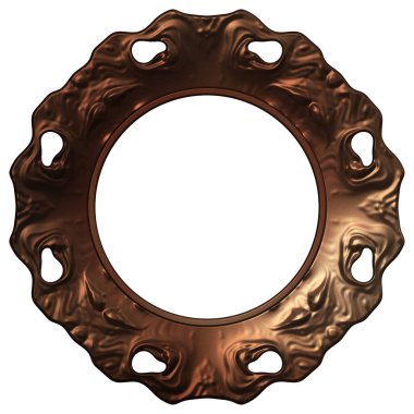 Üç boyutlu metalik illüstrasyon. Beyaz arka planda izole edilmiş fantezi çerçevesi. Davetiyeler, posterler, menü, hatıra defteri ve sunum için mükemmel. Metnin için şablon.