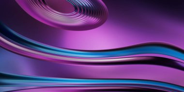 Renkli dalgalı yansıtıcı duvar kağıdının üç boyutlu çizimi. Duvar kağıdı, afiş, arkaplan, kart, kitap kapağı veya web sitesi için grafiksel illüstrasyon. Soyut arkaplan. 