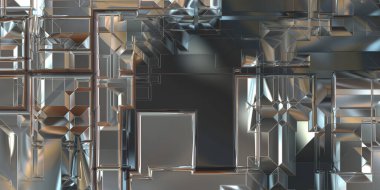 Parlak saten kaplama yüzey teknolojisi 3 boyutlu desen. Lüks yansımalı metal panel dokusu. Arkaplan, duvar kağıdı, uzay gemisi gövdesi için cilalanmış geometrik metal yansıtıcı fütüristik malzeme.