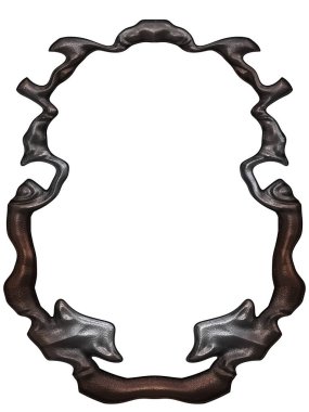 Üç boyutlu metalik illüstrasyon. Beyaz arka planda izole edilmiş fantezi çerçevesi. Davetiyeler, posterler, menü, hatıra defteri ve sunum için mükemmel. Metnin için şablon.