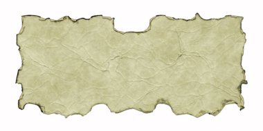 Beyaz arka planda yanmış ve kıvrılmış kenarları olan antik parşömen afişi. Üç boyutlu fantezi illüstrasyonu. Kırışıklıkları ve kıvrımları olan eski bir parşömen. Ortaçağ antik kalkanı. Menü şablonu.