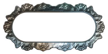 Üç boyutlu metalik illüstrasyon. Beyaz arka planda izole edilmiş fantezi çerçevesi. Davetiyeler, posterler, menü, hatıra defteri ve sunum için mükemmel. Metnin için şablon.