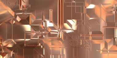Parlak saten kaplama yüzey teknolojisi 3 boyutlu desen. Lüks yansımalı metal panel dokusu. Arkaplan, duvar kağıdı, uzay gemisi gövdesi için cilalanmış geometrik metal yansıtıcı fütüristik malzeme.