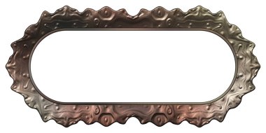 Üç boyutlu metalik illüstrasyon. Beyaz arka planda izole edilmiş fantezi çerçevesi. Davetiyeler, posterler, menü, hatıra defteri ve sunum için mükemmel. Metnin için şablon.