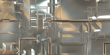 Parlak saten kaplama yüzey teknolojisi 3 boyutlu desen. Lüks yansımalı metal panel dokusu. Arkaplan, duvar kağıdı, uzay gemisi gövdesi için cilalanmış geometrik metal yansıtıcı fütüristik malzeme.