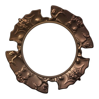 Üç boyutlu metalik illüstrasyon. Beyaz arka planda izole edilmiş fantezi çerçevesi. Davetiyeler, posterler, menü, hatıra defteri ve sunum için mükemmel. Metnin için şablon.