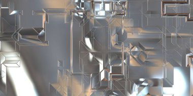 Parlak saten kaplama yüzey teknolojisi 3 boyutlu desen. Lüks yansımalı metal panel dokusu. Arkaplan, duvar kağıdı, uzay gemisi gövdesi için cilalanmış geometrik metal yansıtıcı fütüristik malzeme.