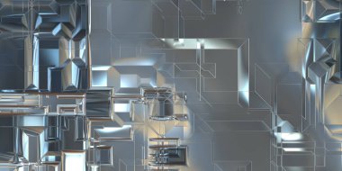 Parlak saten kaplama yüzey teknolojisi 3 boyutlu desen. Lüks yansımalı metal panel dokusu. Arkaplan, duvar kağıdı, uzay gemisi gövdesi için cilalanmış geometrik metal yansıtıcı fütüristik malzeme.