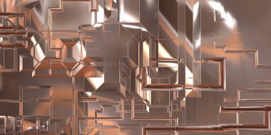 Parlak saten kaplama yüzey teknolojisi 3 boyutlu desen. Lüks yansımalı metal panel dokusu. Arkaplan, duvar kağıdı, uzay gemisi gövdesi için cilalanmış geometrik metal yansıtıcı fütüristik malzeme.