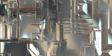 Parlak saten kaplama yüzey teknolojisi 3 boyutlu desen. Lüks yansımalı metal panel dokusu. Arkaplan, duvar kağıdı, uzay gemisi gövdesi için cilalanmış geometrik metal yansıtıcı fütüristik malzeme.