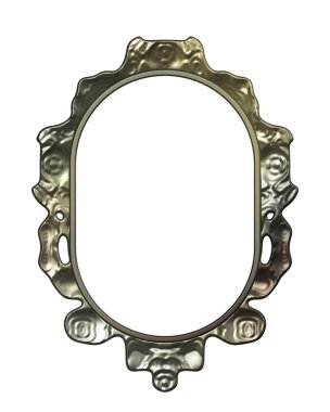 Üç boyutlu metalik illüstrasyon. Beyaz arka planda izole edilmiş fantezi çerçevesi. Davetiyeler, posterler, menü, hatıra defteri ve sunum için mükemmel. Metnin için şablon.