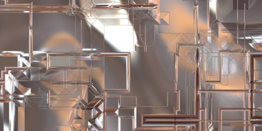 Parlak saten kaplama yüzey teknolojisi 3 boyutlu desen. Lüks yansımalı metal panel dokusu. Arkaplan, duvar kağıdı, uzay gemisi gövdesi için cilalanmış geometrik metal yansıtıcı fütüristik malzeme.