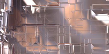 Parlak saten kaplama yüzey teknolojisi 3 boyutlu desen. Lüks yansımalı metal panel dokusu. Arkaplan, duvar kağıdı, uzay gemisi gövdesi için cilalanmış geometrik metal yansıtıcı fütüristik malzeme.