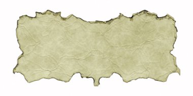 Beyaz arka planda yanmış ve kıvrılmış kenarları olan antik parşömen afişi. Üç boyutlu fantezi illüstrasyonu. Kırışıklıkları ve kıvrımları olan eski bir parşömen. Ortaçağ antik kalkanı. Menü şablonu.