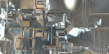 Parlak saten kaplama yüzey teknolojisi 3 boyutlu desen. Lüks yansımalı metal panel dokusu. Arkaplan, duvar kağıdı, uzay gemisi gövdesi için cilalanmış geometrik metal yansıtıcı fütüristik malzeme.