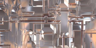 Parlak saten kaplama yüzey teknolojisi 3 boyutlu desen. Lüks yansımalı metal panel dokusu. Arkaplan, duvar kağıdı, uzay gemisi gövdesi için cilalanmış geometrik metal yansıtıcı fütüristik malzeme.