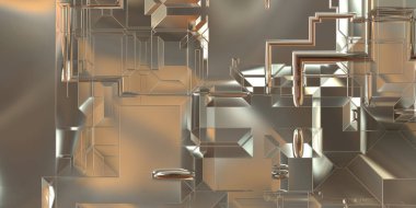Parlak saten kaplama yüzey teknolojisi 3 boyutlu desen. Lüks yansımalı metal panel dokusu. Arkaplan, duvar kağıdı, uzay gemisi gövdesi için cilalanmış geometrik metal yansıtıcı fütüristik malzeme.