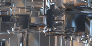 Parlak saten kaplama yüzey teknolojisi 3 boyutlu desen. Lüks yansımalı metal panel dokusu. Arkaplan, duvar kağıdı, uzay gemisi gövdesi için cilalanmış geometrik metal yansıtıcı fütüristik malzeme.