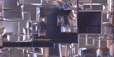 Parlak saten kaplama yüzey teknolojisi 3 boyutlu desen. Lüks yansımalı metal panel dokusu. Arkaplan, duvar kağıdı, uzay gemisi gövdesi için cilalanmış geometrik metal yansıtıcı fütüristik malzeme.