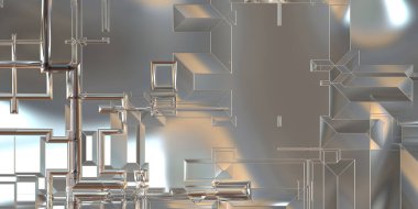 Parlak saten kaplama yüzey teknolojisi 3 boyutlu desen. Lüks yansımalı metal panel dokusu. Arkaplan, duvar kağıdı, uzay gemisi gövdesi için cilalanmış geometrik metal yansıtıcı fütüristik malzeme.