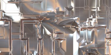 Parlak saten kaplama yüzey teknolojisi 3 boyutlu desen. Lüks yansımalı metal panel dokusu. Arkaplan, duvar kağıdı, uzay gemisi gövdesi için cilalanmış geometrik metal yansıtıcı fütüristik malzeme.