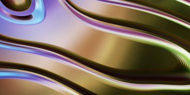 Renkli dalgalı yansıtıcı duvar kağıdının üç boyutlu çizimi. Duvar kağıdı, afiş, arkaplan, kart, kitap kapağı veya web sitesi için grafiksel illüstrasyon. Soyut arkaplan. 