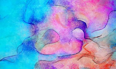 Boya üzerine ekşi mürekkep çizimi. Vahşi soyut illüstrasyon arka planı. Yaratıcı renkli duvar kağıdı. Aşırı kasvetli duvar kapağı. Kaotik resim.