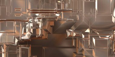 Parlak saten kaplama yüzey teknolojisi 3 boyutlu desen. Lüks yansımalı metal panel dokusu. Arkaplan, duvar kağıdı, uzay gemisi gövdesi için cilalanmış geometrik metal yansıtıcı fütüristik malzeme.