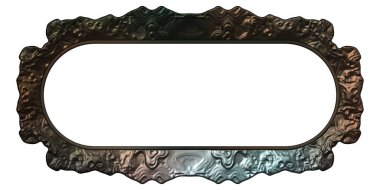 Üç boyutlu metalik illüstrasyon. Beyaz arka planda izole edilmiş fantezi çerçevesi. Davetiyeler, posterler, menü, hatıra defteri ve sunum için mükemmel. Metnin için şablon.