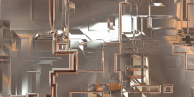 Parlak saten kaplama yüzey teknolojisi 3 boyutlu desen. Lüks yansımalı metal panel dokusu. Arkaplan, duvar kağıdı, uzay gemisi gövdesi için cilalanmış geometrik metal yansıtıcı fütüristik malzeme.