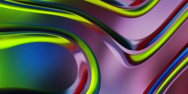 Renkli dalgalı yansıtıcı duvar kağıdının üç boyutlu çizimi. Duvar kağıdı, afiş, arkaplan, kart, kitap kapağı veya web sitesi için grafiksel illüstrasyon. Soyut arkaplan. 