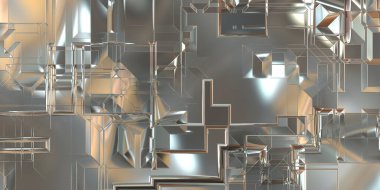 Parlak saten kaplama yüzey teknolojisi 3 boyutlu desen. Lüks yansımalı metal panel dokusu. Arkaplan, duvar kağıdı, uzay gemisi gövdesi için cilalanmış geometrik metal yansıtıcı fütüristik malzeme.