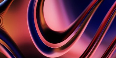 Renkli dalgalı yansıtıcı duvar kağıdının üç boyutlu çizimi. Duvar kağıdı, afiş, arkaplan, kart, kitap kapağı veya web sitesi için grafiksel illüstrasyon. Soyut arkaplan. 