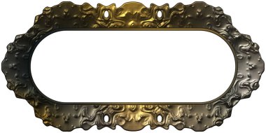 Üç boyutlu metalik illüstrasyon. Beyaz arka planda izole edilmiş fantezi çerçevesi. Davetiyeler, posterler, menü, hatıra defteri ve sunum için mükemmel. Metnin için şablon.