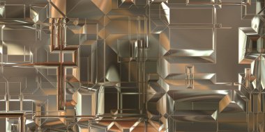 Parlak saten kaplama yüzey teknolojisi 3 boyutlu desen. Lüks yansımalı metal panel dokusu. Arkaplan, duvar kağıdı, uzay gemisi gövdesi için cilalanmış geometrik metal yansıtıcı fütüristik malzeme.