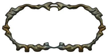 Üç boyutlu metalik illüstrasyon. Beyaz arka planda izole edilmiş fantezi çerçevesi. Davetiyeler, posterler, menü, hatıra defteri ve sunum için mükemmel. Metnin için şablon.