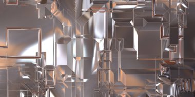 Parlak saten kaplama yüzey teknolojisi 3 boyutlu desen. Lüks yansımalı metal panel dokusu. Arkaplan, duvar kağıdı, uzay gemisi gövdesi için cilalanmış geometrik metal yansıtıcı fütüristik malzeme.