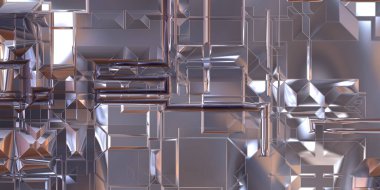 Parlak saten kaplama yüzey teknolojisi 3 boyutlu desen. Lüks yansımalı metal panel dokusu. Arkaplan, duvar kağıdı, uzay gemisi gövdesi için cilalanmış geometrik metal yansıtıcı fütüristik malzeme.