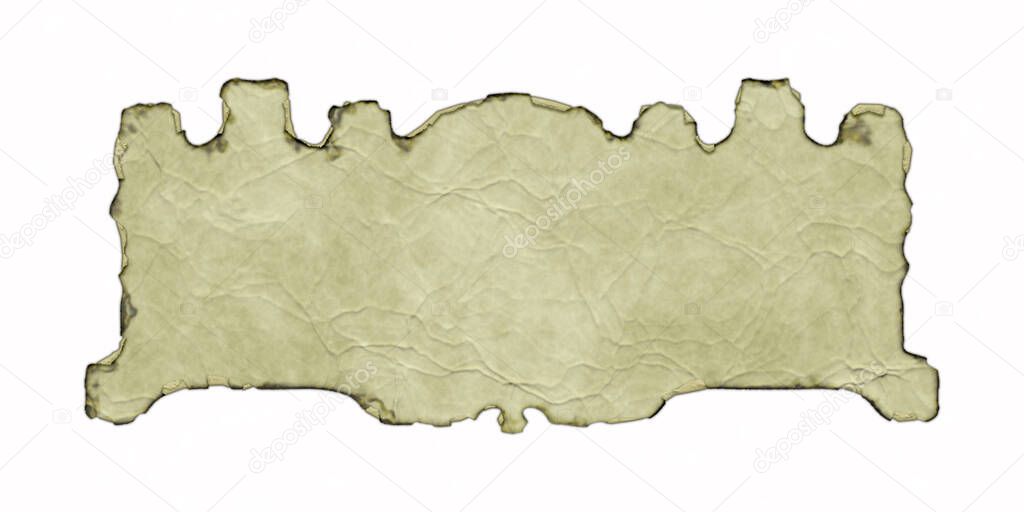 Antique parchment banner with burnt and curled edges isolated on white background. 3D fantasy illustration. Old vintage scroll with wrinkles and folds. Medieval ancient shield. Menu template.
